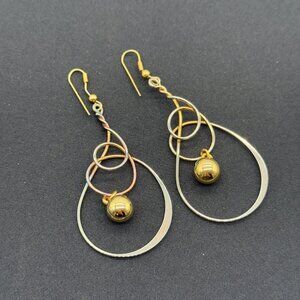 Gold Silver Tricolor Dangle Drop Statement Earrings Abstract Twisted Wire Hoop